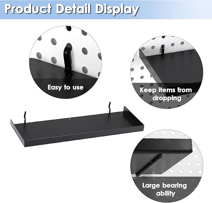 Kokone 6 Pack Pegboard Shelves with Lip Around The Edge, 12x4 Flat Display Shelves for Pegboard Storing or Displaying, Wall Pegboard Shelves Accessories Steel Tray for Garage Workshop Craft Room