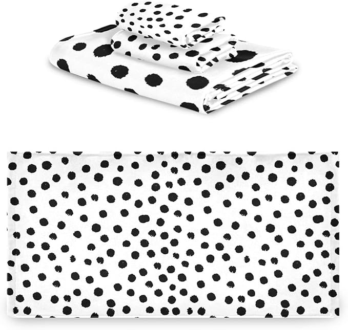 3 Piece White Black Polka Dot Bath Towel Set,Microfiber Decorative Vintage Black Spots Doodle Pattern Modern Bathroom Towels,1 Bath Towel 1 Hand Towel for Bathroom Kitchen,1 Washcloth for Face