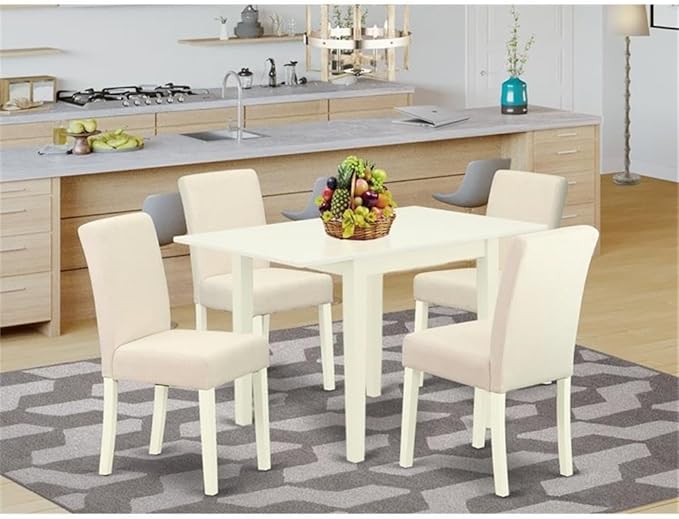 East West Furniture 1NDAB5-LWH-02 5 Piece Modern Dining Table Set Includes a Rectangle Wooden Table with Dropleaf and 4 Light Beige Linen Fabric Upholstered Chairs, 30x48 Inch, Linen White