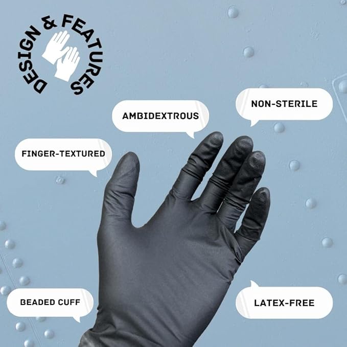 PackagingSuppliesByMail PSBM Industrial Nitrile Extra Thick Disposable Gloves, Black, Textured Fingertips