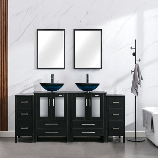 eclife 72" Modern Bathroom Vanity Sink Combo Freestanding Cabinet with Small Side Cabinet, Turquoise Square Glass Vessel Sink, Water Save Faucet, Drain (Black+A10)