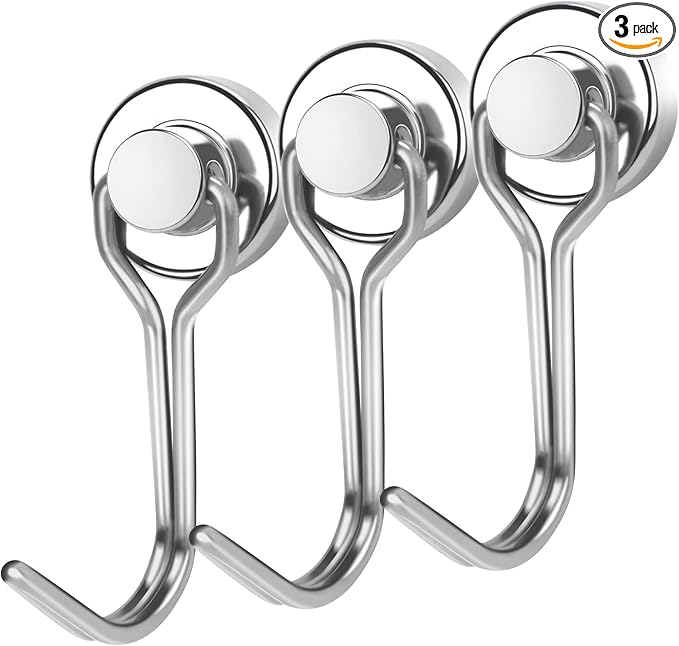 E BAVITE Swivel Swing Magnetic Hooks, Strong Neodymium Rare Earth Magnet Hook Perfect for Refrigerator and Other Magnets Surfaces, Pack of 3,Silver