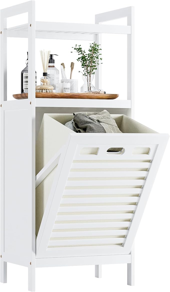 Bamboo tilt out laundry hamper cabinet with storage shelves in white
