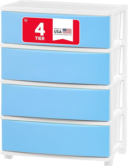 IRIS USA Plastic Drawer Storage Organizer, 4-Drawers, for Classroom Art Supplies Bathroom Dorm Bedroom Laundry Room, Wide, White Frame with Matte Blue Front Panels