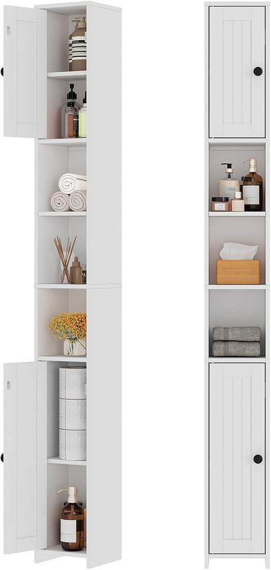 RRX Tall Slim Bathroom Storage Cabinet with 2 Doors,Adjustable Shelves,7.87''L*7.87''W*67''H, Narrow Cabinet with Anti-Tip for Toilet Paper Corner,Small Spaces, Kitchen,Bathroom (Milky White)
