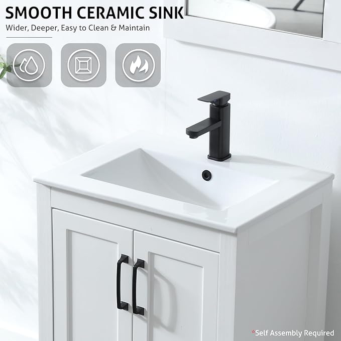 eclife 24" Bathroom Vanities with Sink Combo, Modern Thickened Wood Bathroom Storage Cabinet w/Undermount Sink, Matte Black Faucet Drain, Painted Surface, White