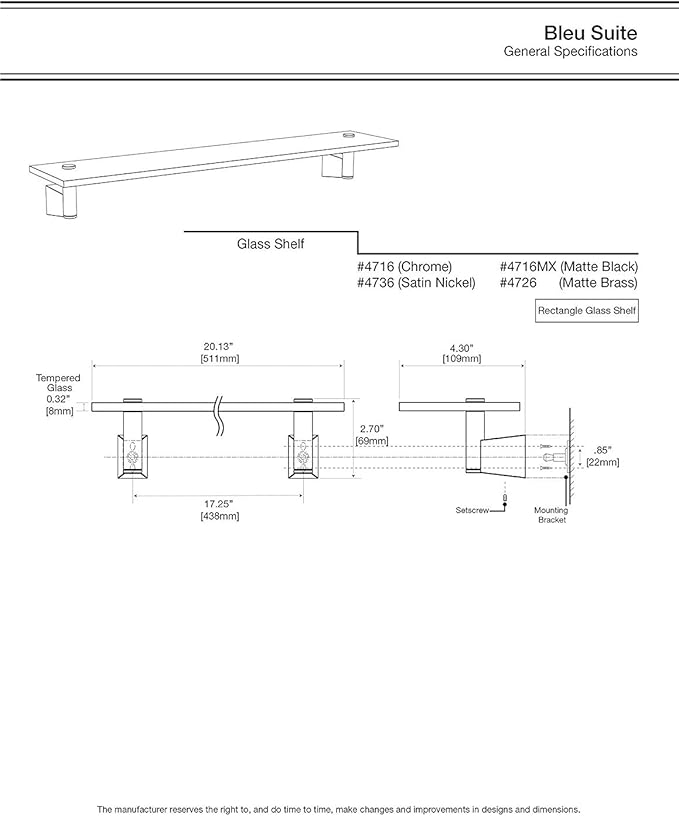 Gatco 4736 Bleu Glass Shelf, Satin Nickel/Wall Mounted 20.13" X 4.3" Tempered Glass/Floating Rectangle Glass Shelf for Bathroom