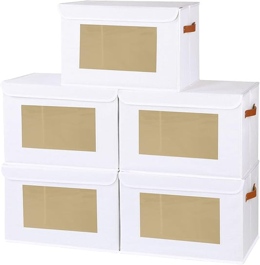 Linen Storage Bins with Lids, Storage Boxes for Shelves with Handles, Closet Organizers for Sock Hat Blanket, 17.7 x 11.8 x 11.8 Inch, White, 5-Pack