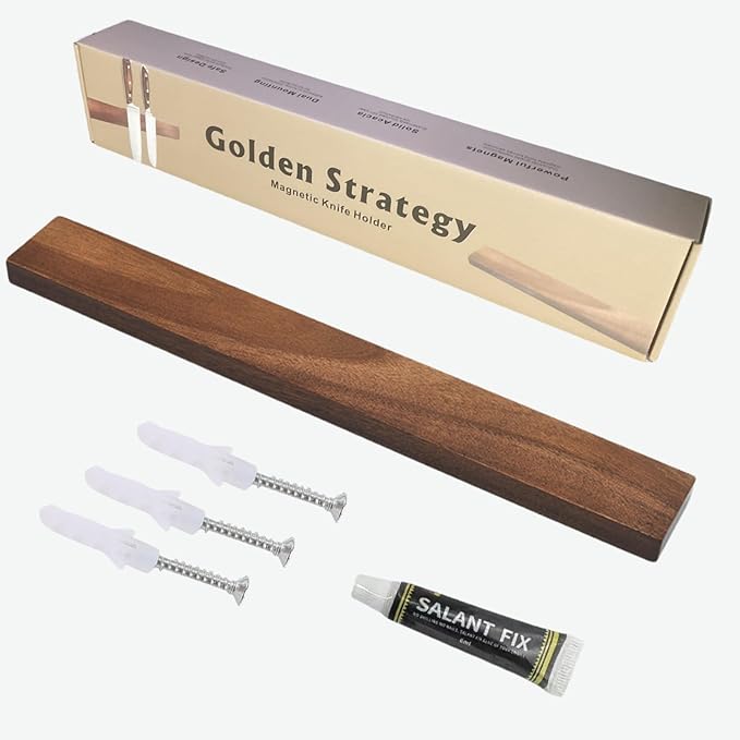 Magnetic Knife and Tool Holder | 1500 Gauss Heavy-Duty Magnet Holds 6 lbs | 16" Detachable Acacia Wood & Steel | for Kitchen Knives, Garage Tools | No-Drill Adhesive or Screw Mount