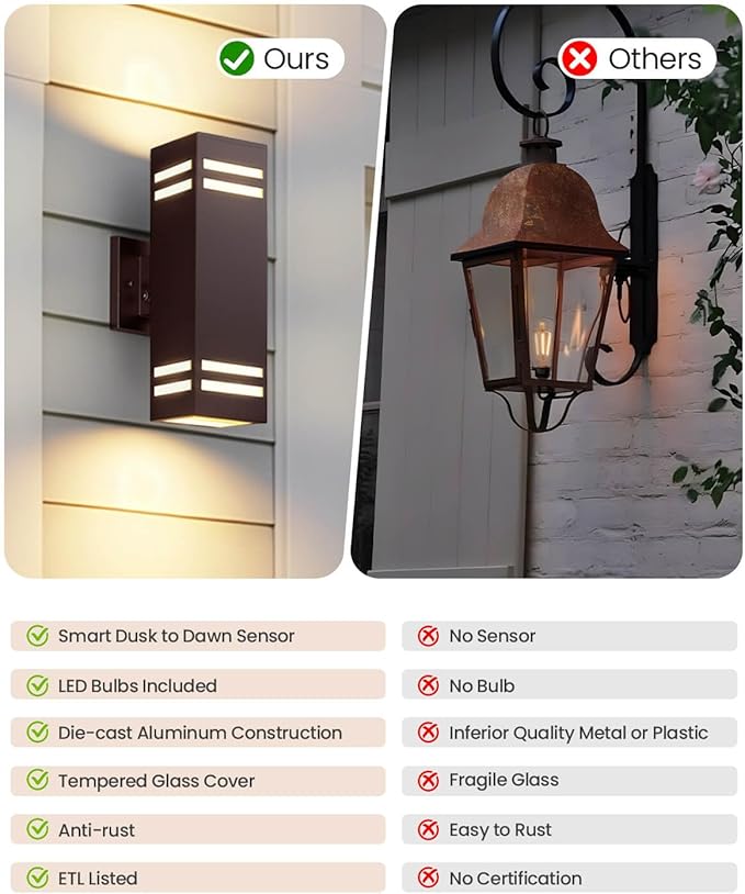 SHIMR Dusk to Dawn Outdoor Wall Lights 2 Pack, Exterior Lighting Fixtures with Oil Rubbed Bronze Finish, Square Outdoor Sconce Lights Up and Down Lights for House Porch Patio [ETL Listed]