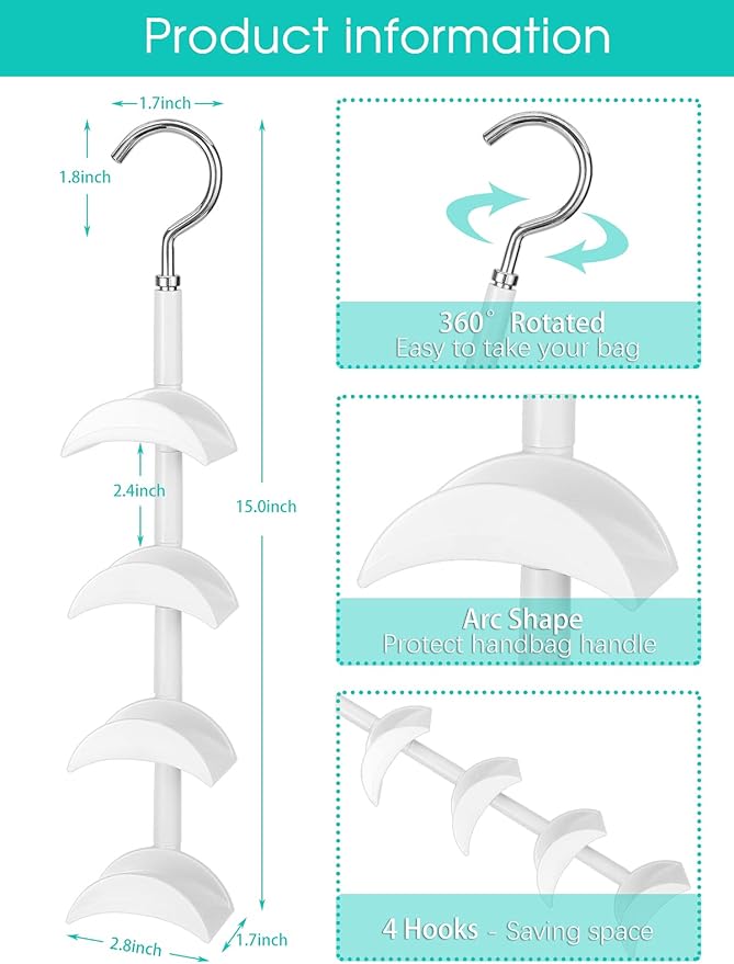 Purse Hanger for Closet - Rotating Handbag Hanging Hook Bag Storage Space Saver with 4 Hooks, Hanging Organizer for Scarf Handbag Belt