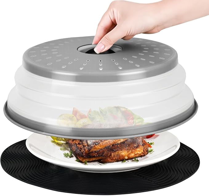 WENWELL 12" Microwave Splatter Cover & Mat, Large Vented Collapsible Splatter Guard Dish Plate Lid & Silicone Round Kitchen Mat for Food