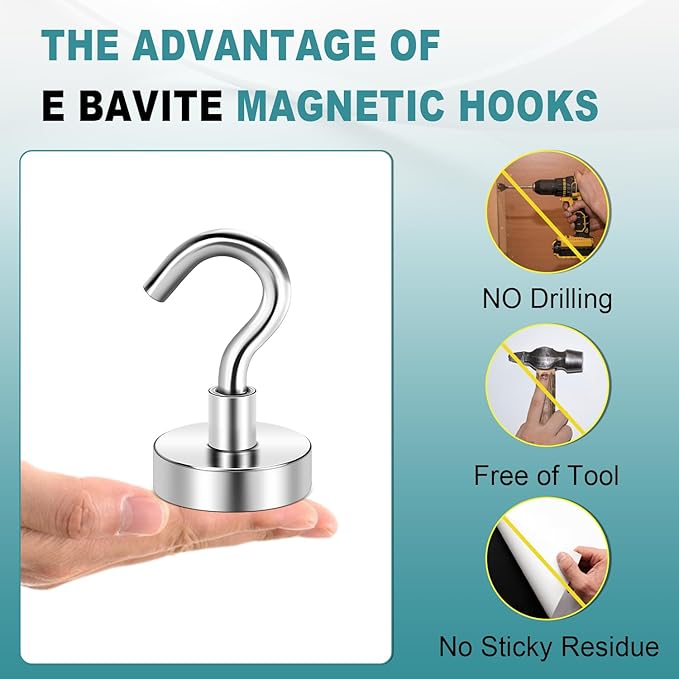 E BAVITE Heavy Duty Magnetic Hooks,50 LBS Strong Neodymium Magnet Hook for Home, Kitchen, Workplace, Office and Garage, 20mm(0.78inch) in Diameter - Pack of 8