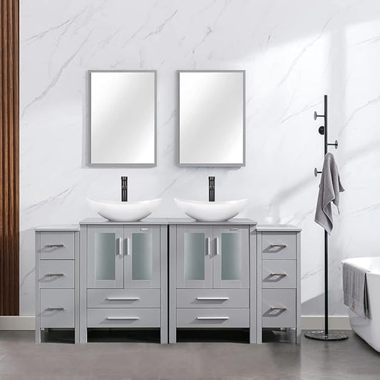 eclife 72" Modern Bathroom Vanity Sink Combo Freestanding Cabinet with Small Side Cabinet, White Boat Ceramic Vessel Sink, Water Save Faucet, Drain (Gray+T44)