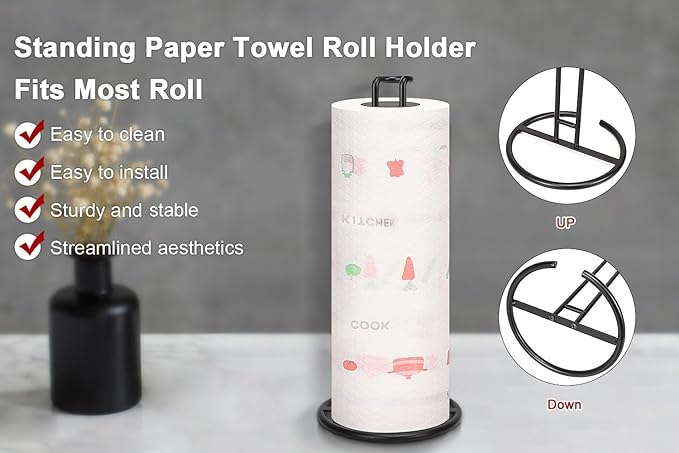 NearMoon Paper Towel Holder, Sturdy Paper Towel Stand Dispenser-All Metal, Standard or Jumbo-Sized for Kitchen Countertop, Farmhouse, Living Room (3 Pack, Matte Black)