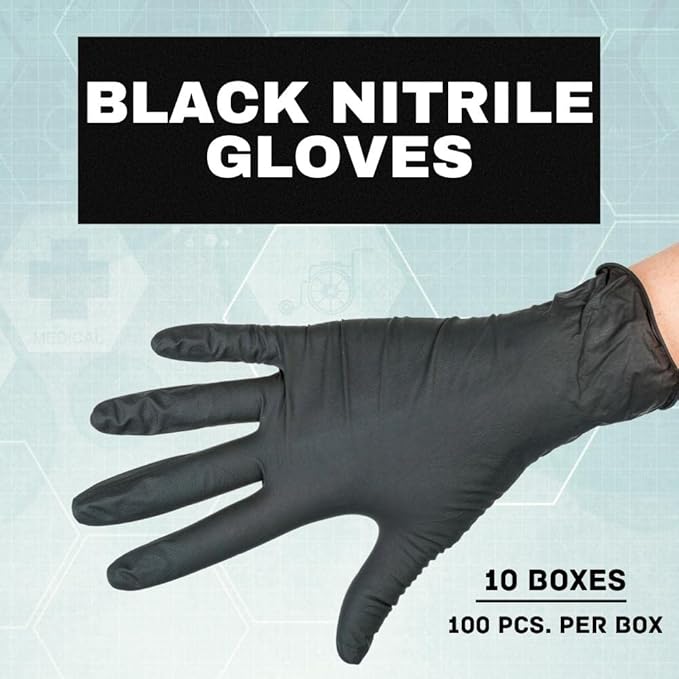 PackagingSuppliesByMail PSBM Black Nitrile Disposable Gloves, 1000 Count, Textured Fingertips, Latex and Powder Free