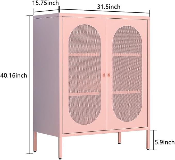 Pink Metal Locker Storage Accent Cabinets with 2 Adjustable Shelves, 3 Tier Metal Storage Cabinet with Legs, Steel Cupboard Lockers for Kids Bedroom, Home, Office, Entryway, Kitchen (Mash Door)