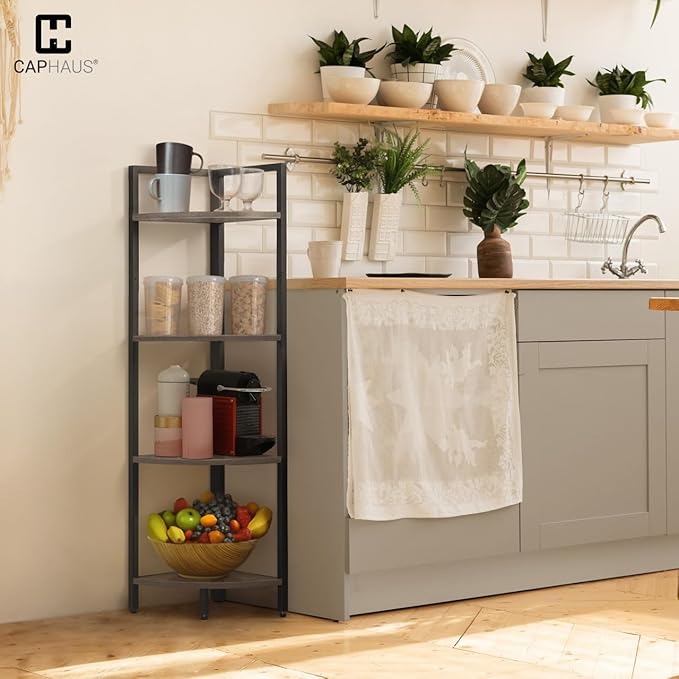 CAPHAUS 4 Tier Corner Shelf, 46.5-Inch Tall Bookshelf, Display Rack With Metal Frame, Round Shelf Unit, Small Stand for Bathroom, Living Room, Home, Office, Dark Grey