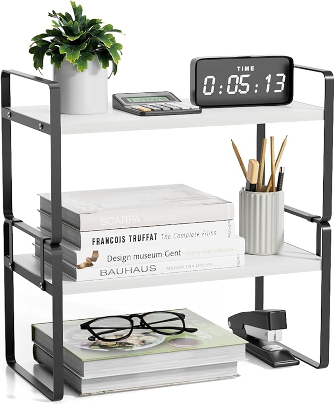 YGYQZ Desk Organizer Shelf，2 Tier Detachable Table Top Bookshelf, Freestanding Display Shelf for Office, Dormitory, Home,White+Black