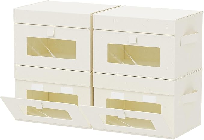 Transparent Window Storage Bin, Cube Organizer Basket with Flip-Top Lid and 2 Handles, Decorative Boxes with Cover, 4 Pack, Beige, 10.2 x 7.9 x 6.7 In, XSNY17BES-4