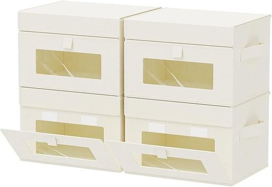 Transparent Window Storage Bin, Cube Organizer Basket with Flip-Top Lid and 2 Handles, Decorative Boxes with Cover, 4 Pack, Beige, 10.2 x 7.9 x 6.7 In, XSNY17BES-4