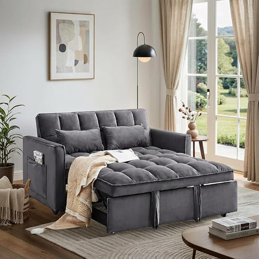 3 in 1 Convertible Sofa Bed, Love Seat Sleeper Bed with Side Pockets, Velvet Fabric Pull Out Couch with Adjustable Backrest for Living Room, Bedroom, Apartment, Dark Gray