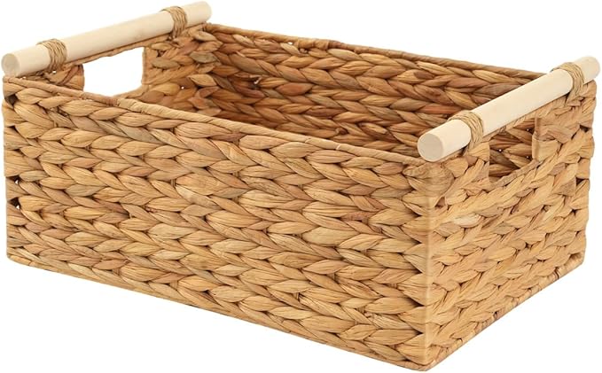 Wicker Storage Basket with Handles 13.6x9.5x5.6 Inch, Natural Woven Storage Baskets for Shelves Organization, Decorative Basket for Kitchen, Bathroom, Living Room Decor, Farmhouse Home Decor