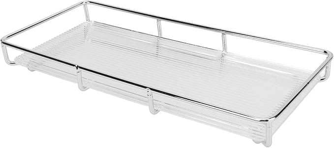 Restokki Bathroom Countertop Tray Stainless Steel Acrylic Modern Minimalist Design Storage Shelf Vanity Tray for Cosmetics Living Goods (Silver Single Layer Large Size)