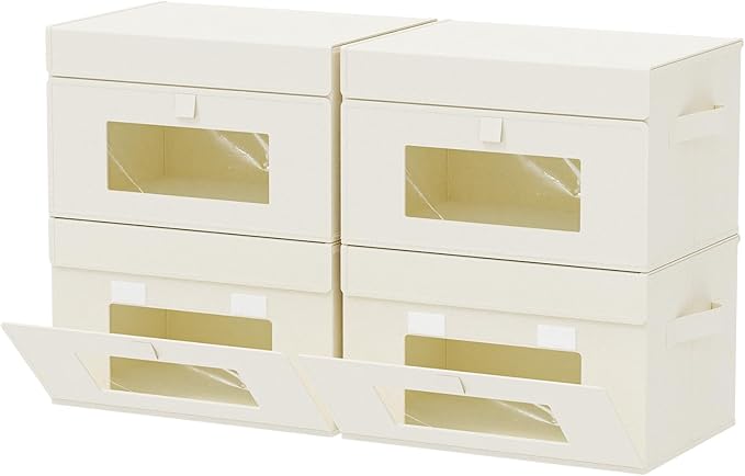 Transparent Window Storage Bin, Cube Organizer Basket with Flip-Top Lid and 2 Handles, Decorative Boxes with Cover, 4 Pack, Beige, 13 x 9 x 7.9 In, XSNY17BEM-4