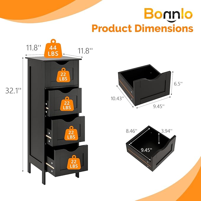 Bonnlo Slim Bathroom Floor Cabinet, 4-Drawer Wooden Freestanding Storage Unit, Small Side Organizer for Narrow Spaces, Compact Bathroom Storage Cabinet for Kitchen, Hallway & Office, Matte Black