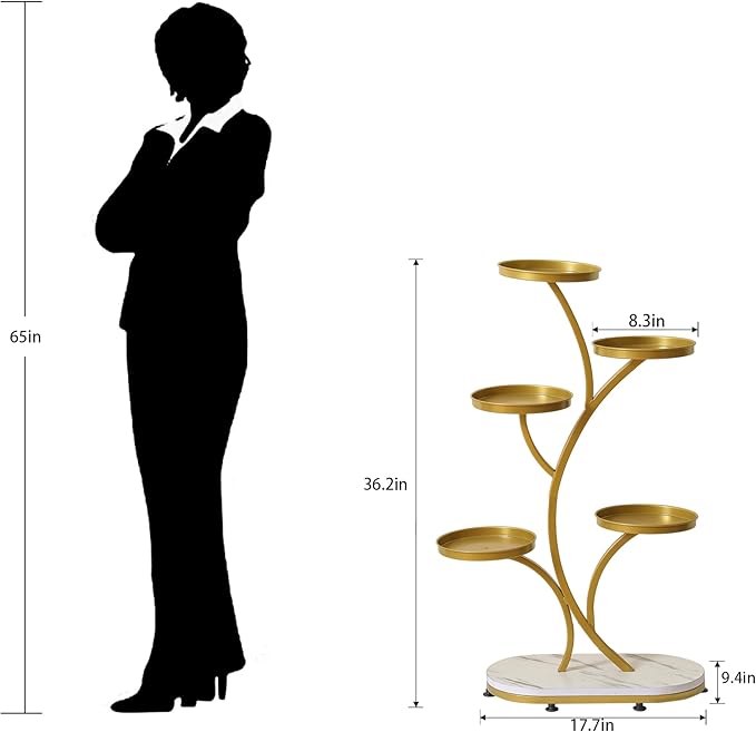 Golden 5 Tier Wood Metal Tall Shelf Multiple Plant Holders Plant Stand for Indoor, Outdoor, Corner, Living Room, Balcony, and Bedroom
