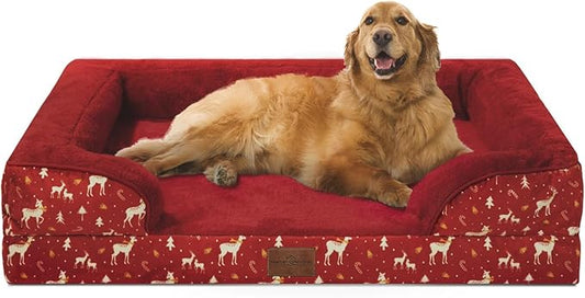 Comfort Expression Orthopedic Dog Bed for Extra Large Dogs 42x30 Inch, Waterproof Egg Crate Foam XL Pet Bed with Removable Bolsters, Dog Couch with Washable Cover & Non-Slip Bottom, Christmas Red