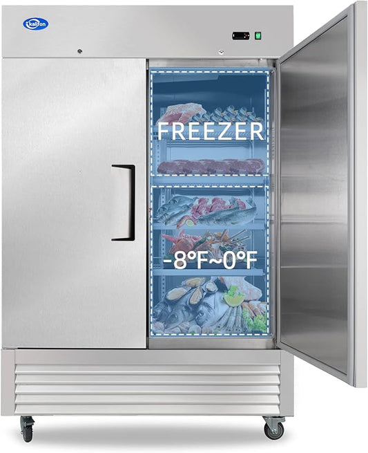 54" Reach-in Commercial Freezer with 2 Solid Door & 8 Shelves, 49 Cu.ft Stainless Steel Freezer Fan Cooling Freezer for Restaurant, Bar, Home, Shop, and Business