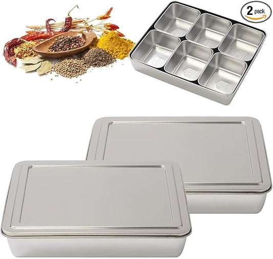Japard 2 Pcs Stainless Steel Seasoning Box with Lid, Food Storage Container with Tray Spice Organizer Jars, 6 Grids Spice Salt Sugar, Kitchen Utensils