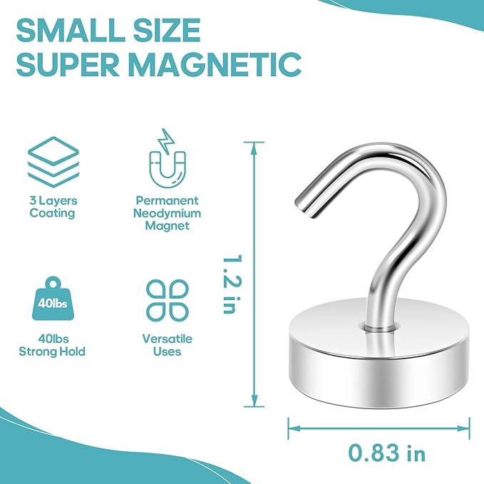 Neosmuk Magnetic Hooks, Cruise Ship Essentials, 40lb+ Heavy Duty Magnetic Hooks for Cruise Cabins, Refrigerator, Grill, Hanging, and Travel | Extra Strong Must-Haves Magnet Hook,Silver