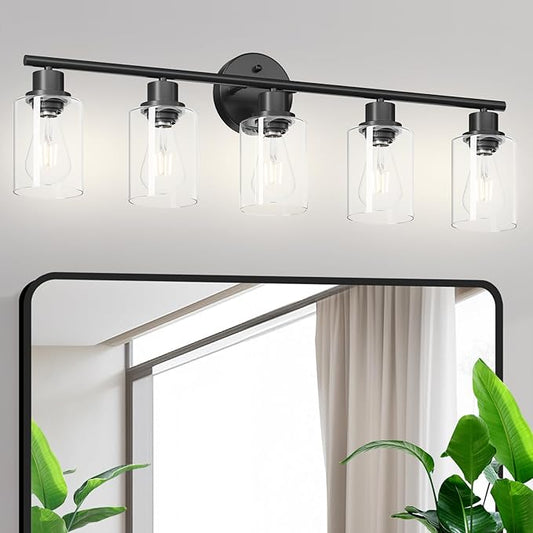 5-Light Black Bathroom Vanity Lights, E26 Modern Bathroom Light Fixtures with Clear Glass Shade, Mirror Kitchen Hallway Cabinet Living Room Sconces Wall Lights