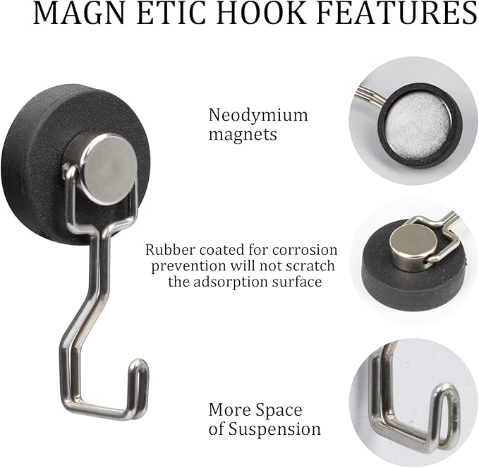 Rubber Coated Magnetic Hooks for Cruise Ship Cabin,Kitchen,Garage,Classroom and Office Waterproof Heavy Duty Metal Hangers with Increased Friction and Anti-Scratch Protection(6, Sliver)