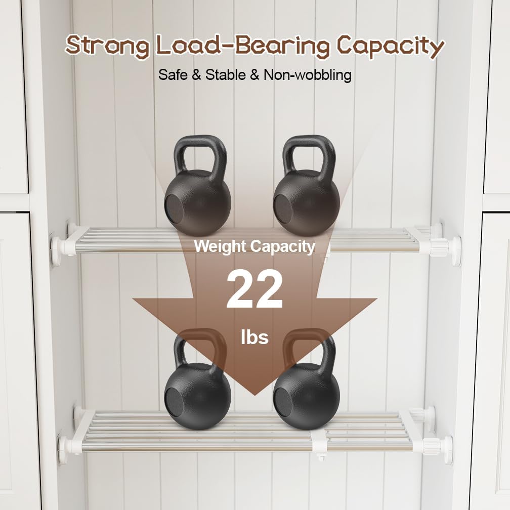 Closet Tension Shelf & Rod — Expandable Adjustable Storage Rack, Metal Organizer DIY Divider for Cabinet, Wardrobe, Kitchen & Bathroom
