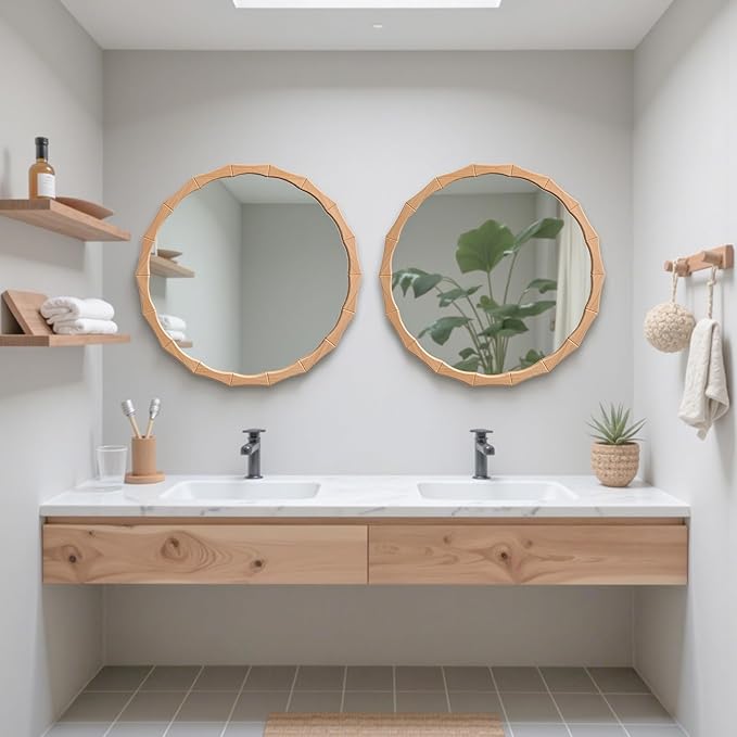 24" Circle Scalloped Mirror,Round Wavy Edge Wall Mirror for Bathroom,Nature Farmhouse Vanity Mirror with Bamboo Framed Hanging Leaning for Bedroom Living Room Entryway