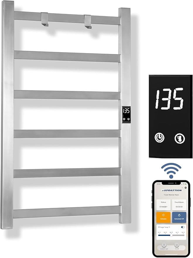Smart Wireless Electric Towel Warmer | Blade Thin 6 Bar Design | Hardwired & Plug-in | Alexa & Google Home Compatible | Brushed Finish