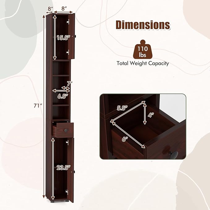 GOFLAME 71” Tall Bathroom Storage Cabinet, Narrow Freestanding Organizer with 1 Drawer, 2 Doors & 5 Open Shelves, Slim Bathroom Cabinet for Small Space, 8" x 8" x 71", Brown