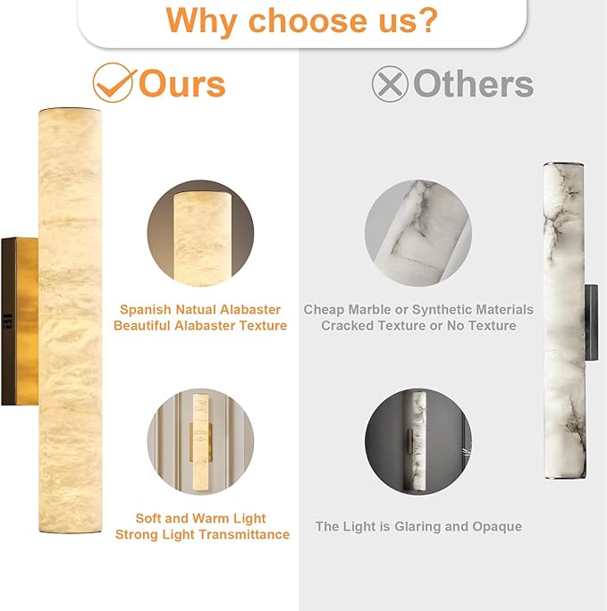 Alabaster Wall Sconces, 20" Brass Wall Sconce, Modern Bathroom Sconces Wall Lighting, Gold Wall Sconce, Spanish Natural Marble Sconce for Living Room, Bedroom, Stairs, Hallway