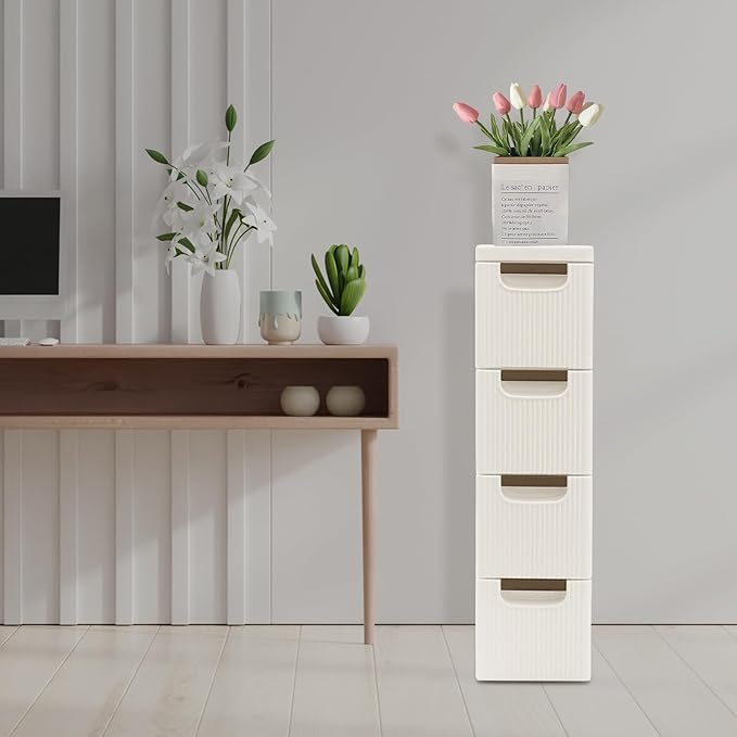 Narrow Plastic Storage Cart with 4 Drawers, Slim Rolling Organizer Dresser on Wheels, Mobile Utility Cart for Bathroom, Kitchen, Laundry Room, Bedroom & Office (4-Tier)