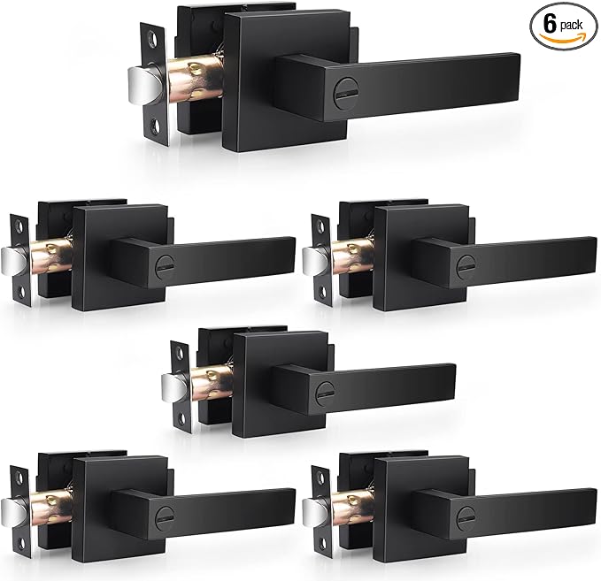 Probrico 6 Pack Matte Black Door Handles Heavy Duty Flat Square Privacy Interior Door Levers for Bedroom & Bathroom, Keyless Interior Handles for Left &Right Handled Doors
