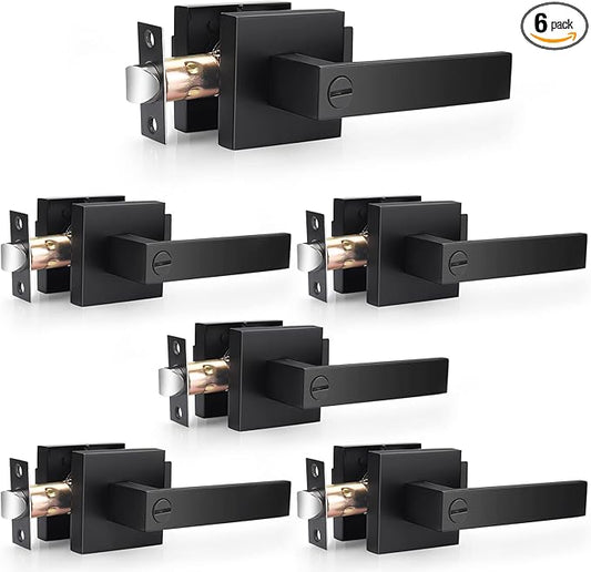 Probrico 6 Pack Matte Black Door Handles Heavy Duty Flat Square Privacy Interior Door Levers for Bedroom & Bathroom, Keyless Interior Handles for Left &Right Handled Doors