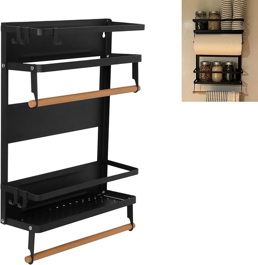 Garage Magnetic Rack Foldable, 2-in-1 Paper Towel Holder with Shelf, Garage Storage Organization, Heavy Duty Paper Towel Holder with 5 Removable Hooks for Tool Shed, Garage, Workbench, Kitchen