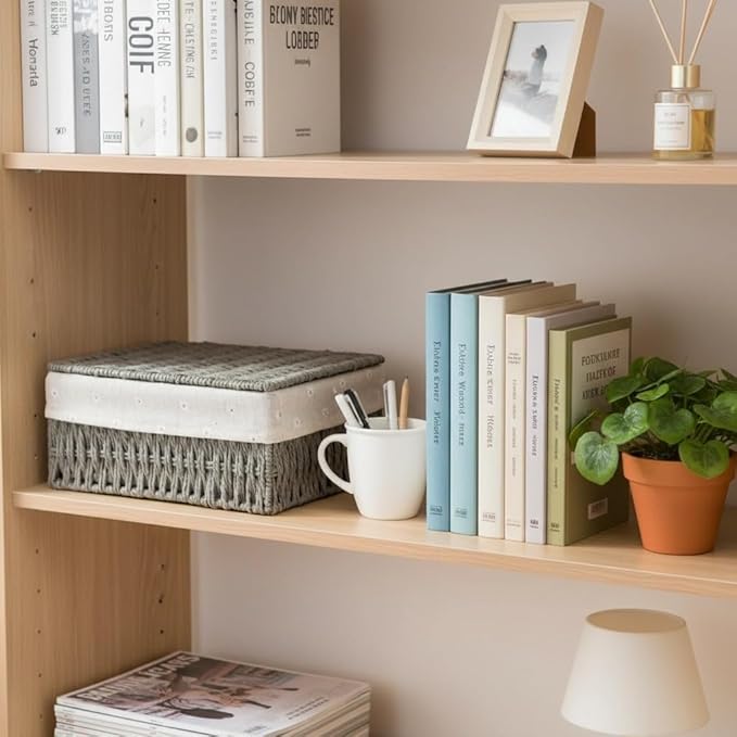 Wicker Shelf Basket with Lid Paper Storage Baskets for Shelves Medium Storage Bin with Removable Liner Nesting Decorative Woven Basket for Makeup Closet Organizer (Medium, Grey)