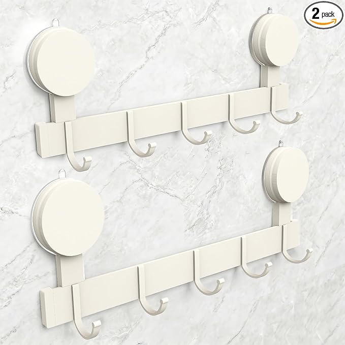 Coat Rack Walls Mount with 5 Hooks, Strong Suction Cup Hooks, Towel Rack No Drill Without Damage Wall Hanging Organizer for Bathrooms, Closets, Kitchen, Entryway(2 Pack, White)