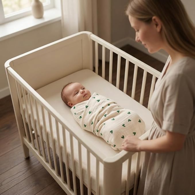 Baby Swaddle – Organic Cotton Muslin Baby Swaddles for Newborns 47” x 47” (Green Hearts)