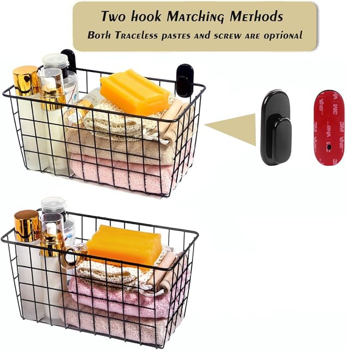 2 Pack【Extra Large】Hanging Kitchen Basket,Wire Storage Basket,with Traceless Tape and 3M High-Strength Plastic Hooks,no Drilling,for Cabinet Storage,Kitchen,Bathroom,Storage Room,large capacity